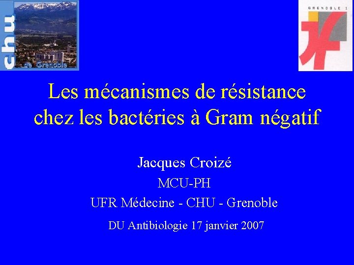 Les mécanismes de résistance chez les bactéries à Gram négatif Jacques Croizé MCU-PH UFR