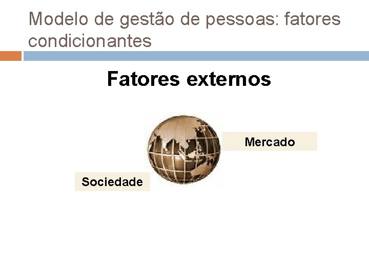 Modelo de gestão de pessoas: fatores condicionantes Fatores externos Mercado Sociedade 