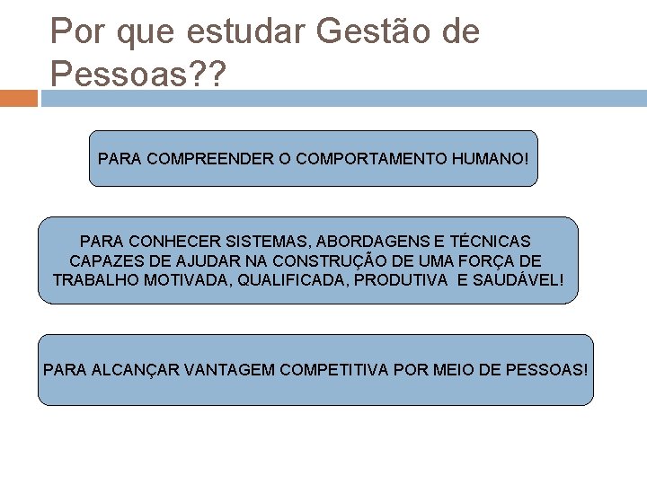 Por que estudar Gestão de Pessoas? ? PARA COMPREENDER O COMPORTAMENTO HUMANO! PARA CONHECER