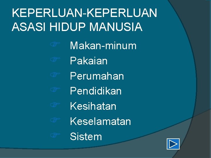 KEPERLUAN-KEPERLUAN ASASI HIDUP MANUSIA F F F F Makan-minum Pakaian Perumahan Pendidikan Kesihatan Keselamatan