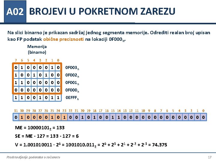 A 02 BROJEVI U POKRETNOM ZAREZU Na slici binarno je prikazan sadržaj jednog segmenta A 02 BROJEVI U POKRETNOM ZAREZU Na slici binarno je prikazan sadržaj jednog segmenta