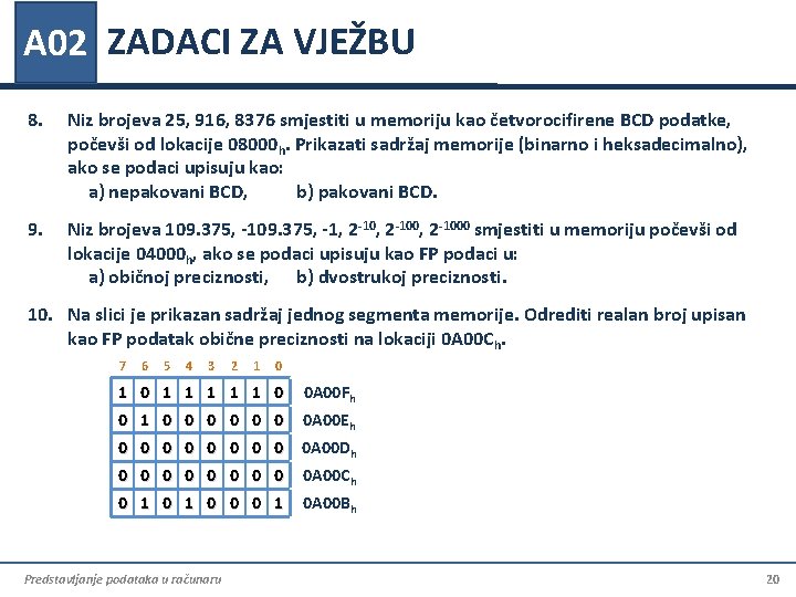 A 02 ZADACI ZA VJEŽBU 8. Niz brojeva 25, 916, 8376 smjestiti u memoriju A 02 ZADACI ZA VJEŽBU 8. Niz brojeva 25, 916, 8376 smjestiti u memoriju