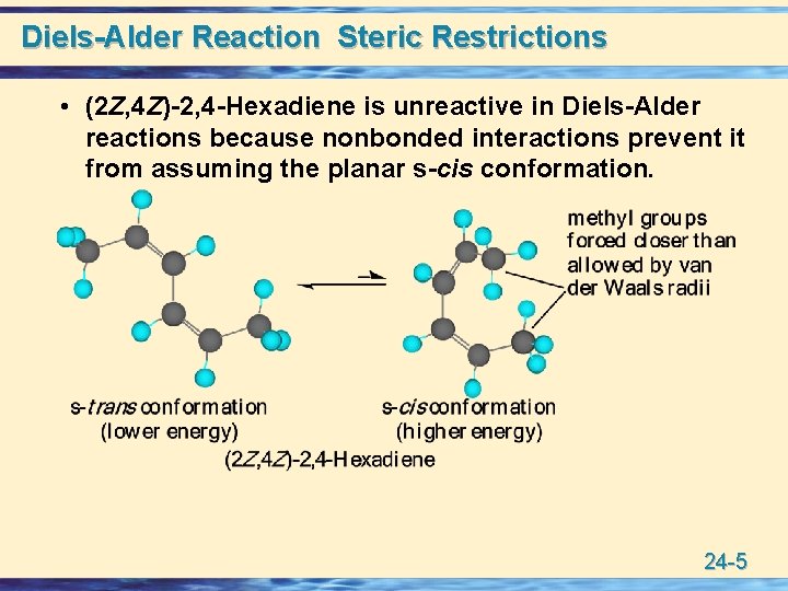Diels-Alder Reaction Steric Restrictions • (2 Z, 4 Z)-2, 4 -Hexadiene is unreactive in
