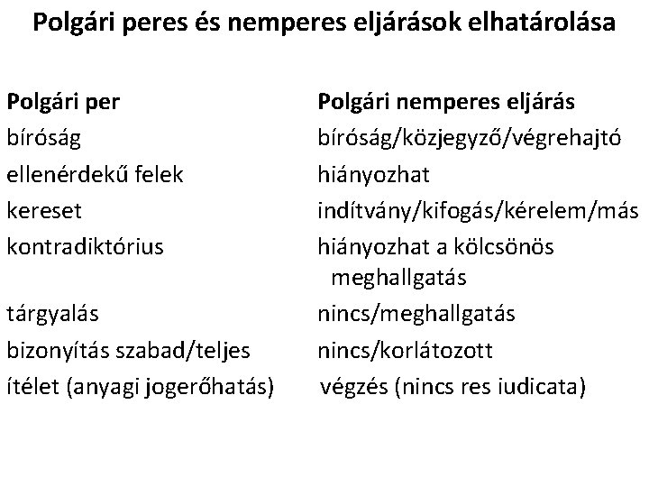 Polgári peres és nemperes eljárások elhatárolása Polgári per bíróság ellenérdekű felek kereset kontradiktórius Polgári