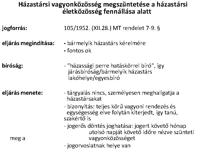  Házastársi vagyonközösség megszüntetése a házastársi életközösség fennállása alatt jogforrás: eljárás megindítása: bíróság: eljárás