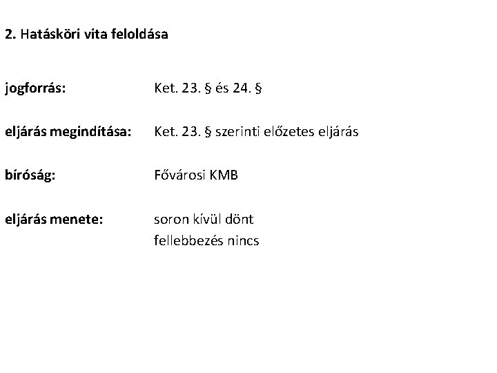 2. Hatásköri vita feloldása jogforrás: eljárás megindítása: bíróság: eljárás menete: Ket. 23. § és