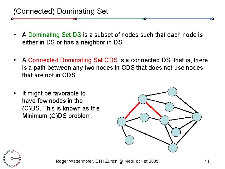 (Connected) Dominating Set • A Dominating Set DS is a subset of nodes such