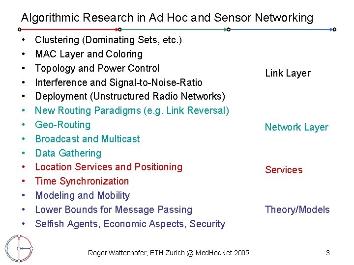 Algorithmic Research in Ad Hoc and Sensor Networking • • • • Clustering (Dominating