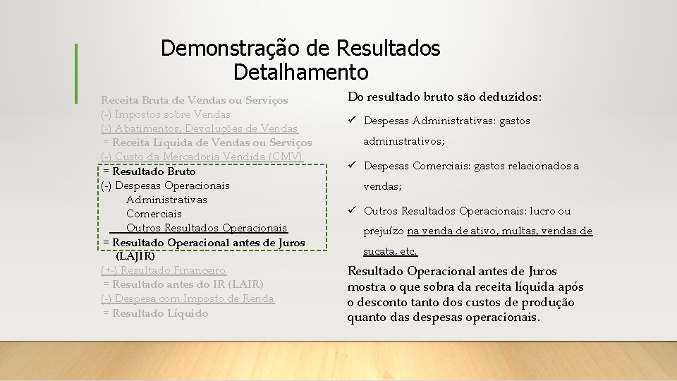 Demonstração de Resultados Detalhamento Receita Bruta de Vendas ou Serviços (-) Impostos sobre Vendas