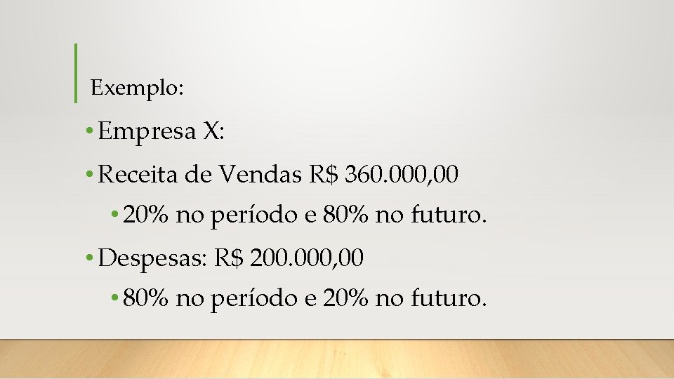 Exemplo: • Empresa X: • Receita de Vendas R$ 360. 000, 00 • 20%