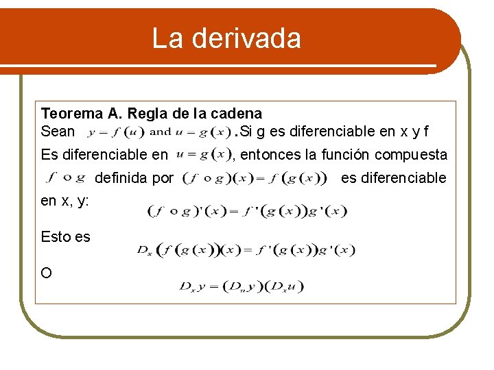 La derivada Teorema A. Regla de la cadena Sean . Si g es diferenciable