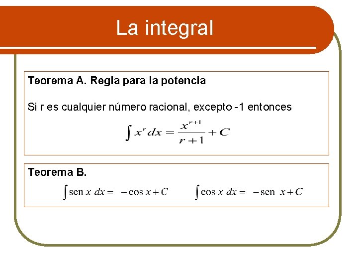 La integral Teorema A. Regla para la potencia Si r es cualquier número racional,