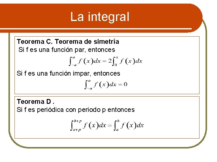 La integral Teorema C. Teorema de simetría Si f es una función par, entonces