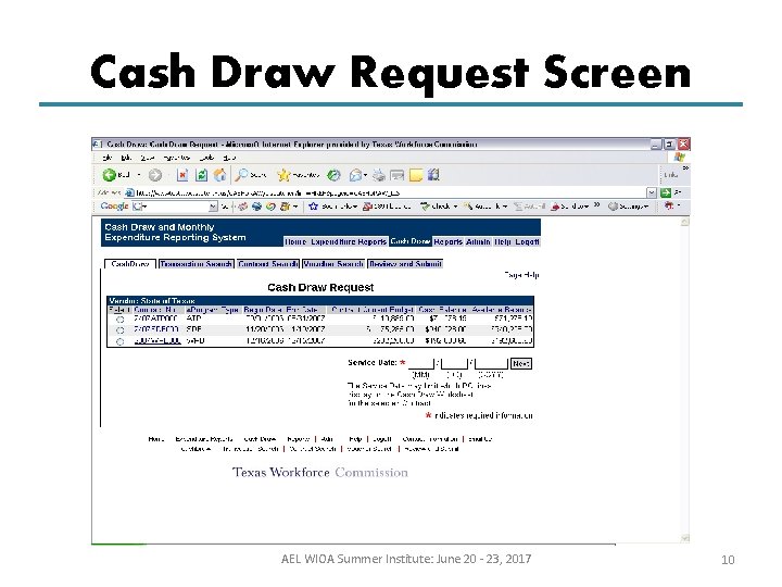 Cash Draw Request Screen AEL WIOA Summer Institute: June 20 - 23, 2017 10