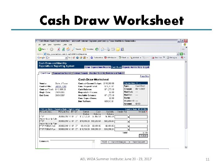 Cash Draw Worksheet AEL WIOA Summer Institute: June 20 - 23, 2017 11 