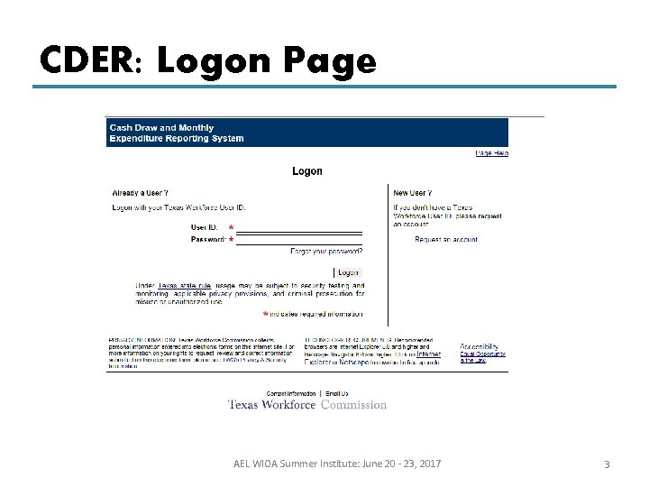 CDER: Logon Page AEL WIOA Summer Institute: June 20 - 23, 2017 3 