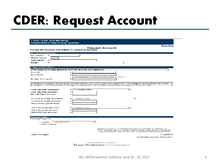 CDER: Request Account AEL WIOA Summer Institute: June 20 - 23, 2017 4 