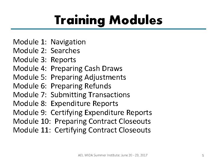 Training Modules Module 1: Navigation Module 2: Searches Module 3: Reports Module 4: Preparing