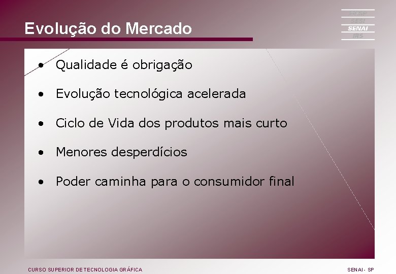 Evolução do Mercado • Qualidade é obrigação • Evolução tecnológica acelerada • Ciclo de