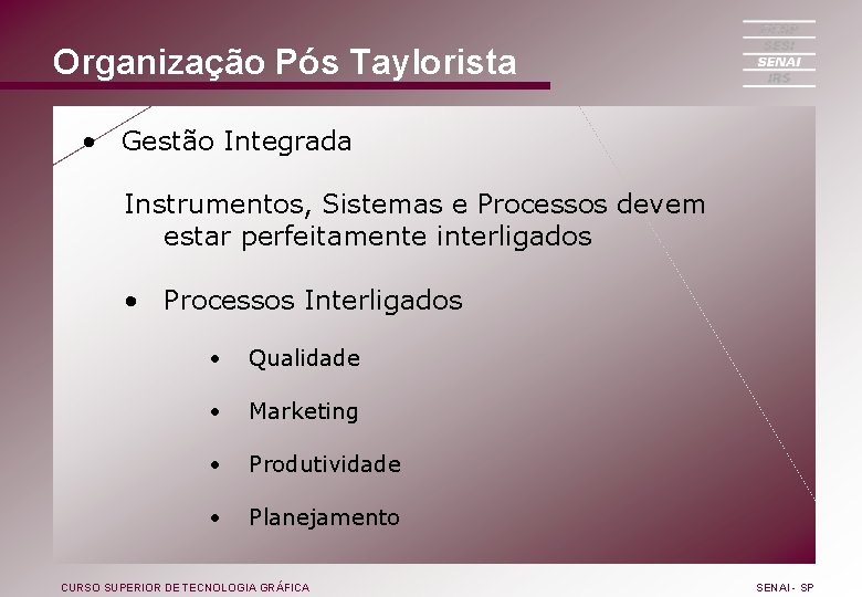 Organização Pós Taylorista • Gestão Integrada Instrumentos, Sistemas e Processos devem estar perfeitamente interligados