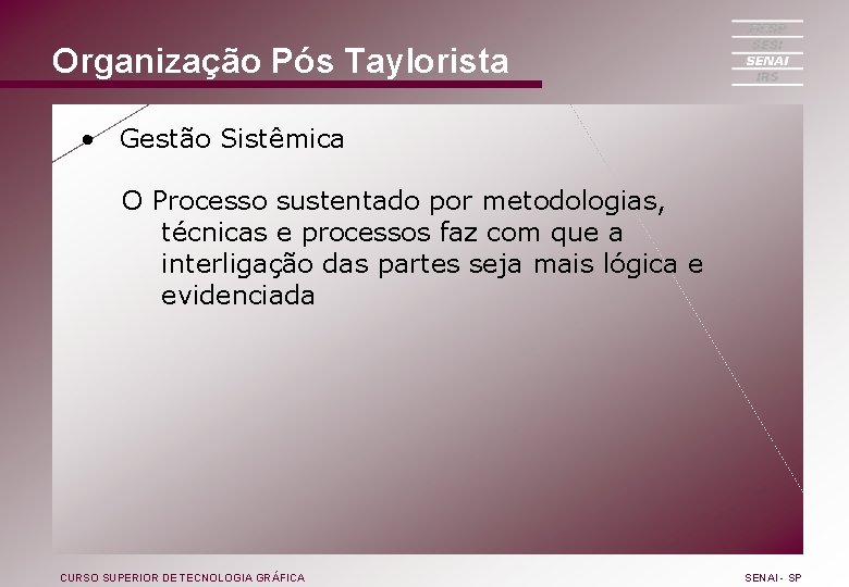 Organização Pós Taylorista • Gestão Sistêmica O Processo sustentado por metodologias, técnicas e processos