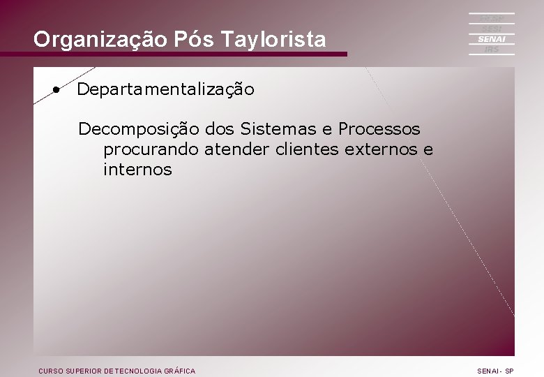 Organização Pós Taylorista • Departamentalização Decomposição dos Sistemas e Processos procurando atender clientes externos