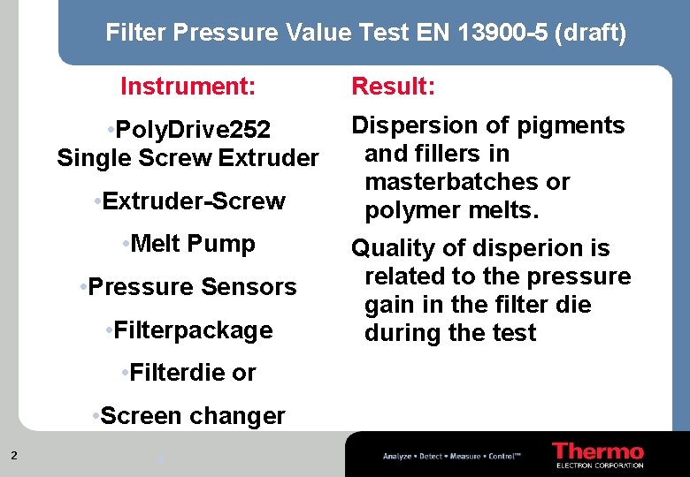 Filter Pressure Value Test EN 13900 -5 (draft) Instrument: • Poly. Drive 252 Single