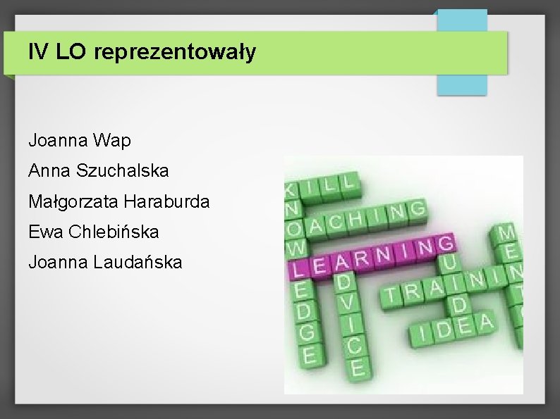 IV LO reprezentowały Joanna Wap Anna Szuchalska Małgorzata Haraburda Ewa Chlebińska Joanna Laudańska 