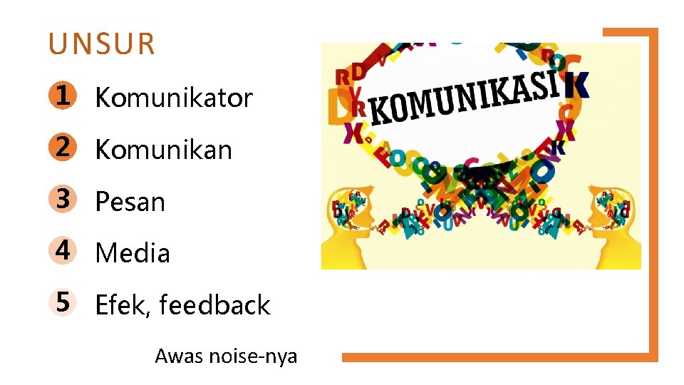 UNSUR 1 Komunikator 2 Komunikan 3 Pesan 4 Media 5 Efek, feedback Awas noise-nya