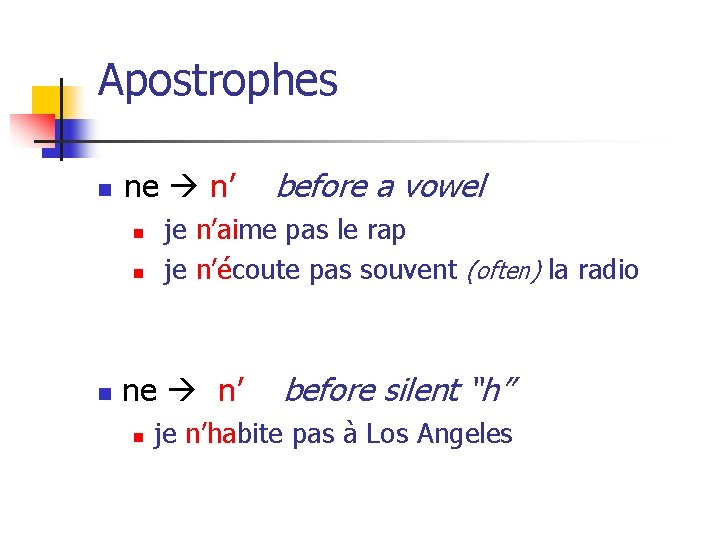 Apostrophes n ne n’ n n n je n’aime pas le rap je n’écoute