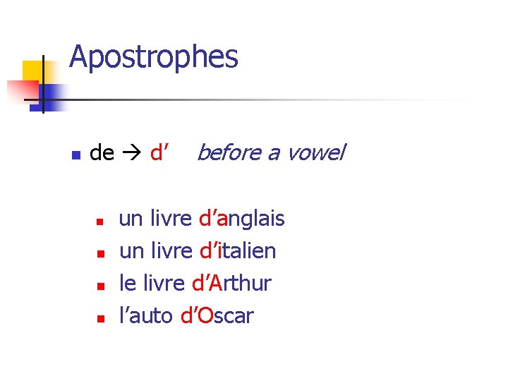 Apostrophes n de d’ n n before a vowel un livre d’anglais un livre