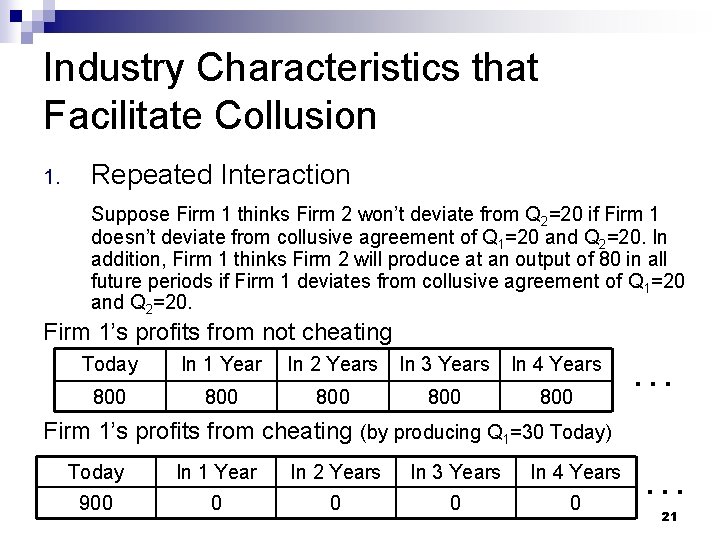 Industry Characteristics that Facilitate Collusion 1. Repeated Interaction Suppose Firm 1 thinks Firm 2