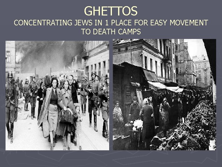 GHETTOS CONCENTRATING JEWS IN 1 PLACE FOR EASY MOVEMENT TO DEATH CAMPS 