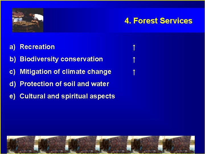 4. Forest Services a) Recreation ↑ b) Biodiversity conservation ↑ c) Mitigation of climate