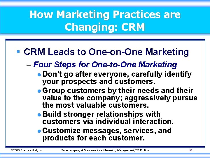 How Marketing Practices are Changing: CRM § CRM Leads to One-on-One Marketing – Four