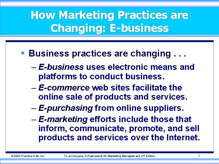 How Marketing Practices are Changing: E-business § Business practices are changing. . . –