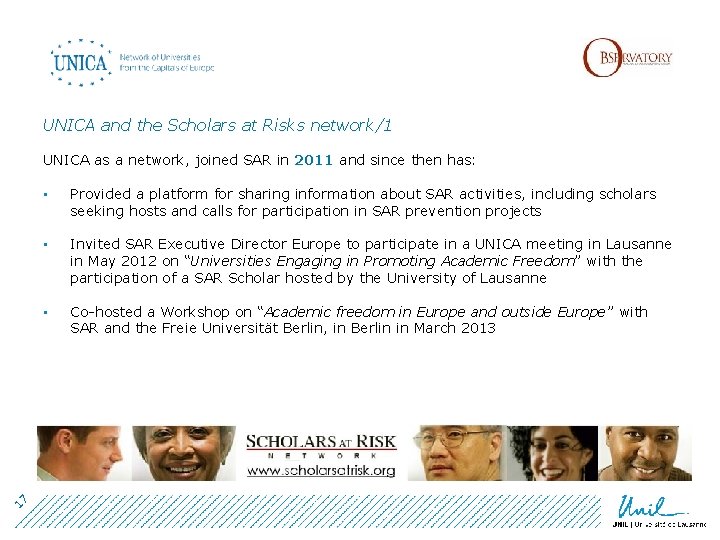 UNICA and the Scholars at Risks network/1 17 UNICA as a network, joined SAR