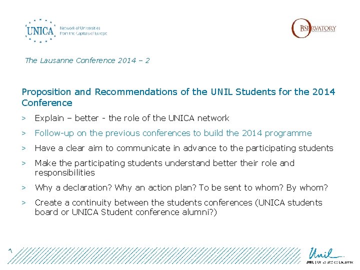The Lausanne Conference 2014 – 2 7 Proposition and Recommendations of the UNIL Students