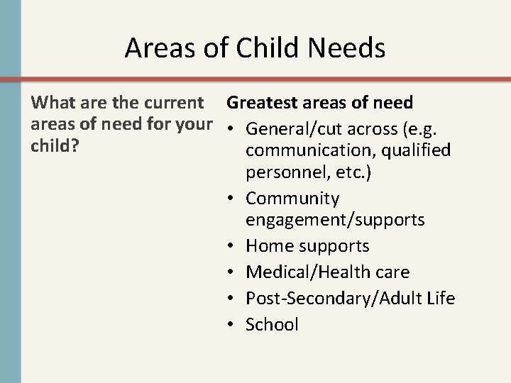 Areas of Child Needs What are the current Greatest areas of need for your