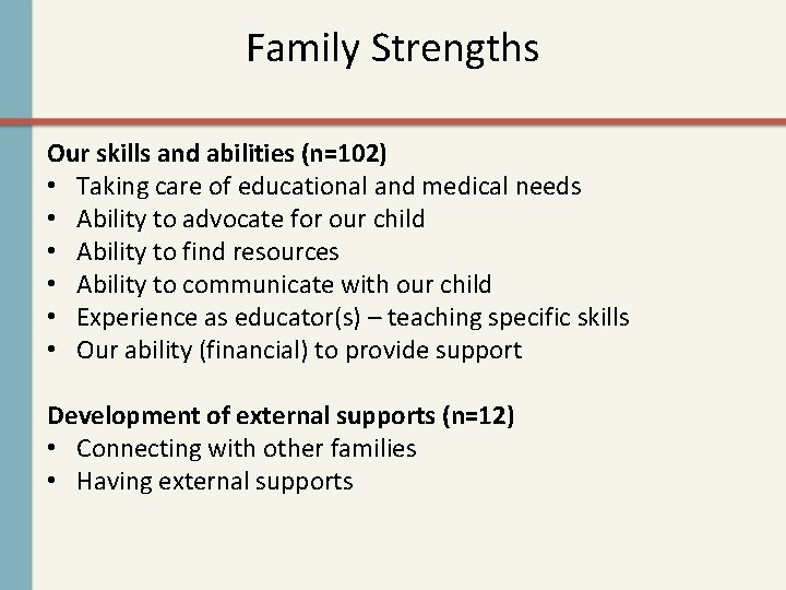 Family Strengths Our skills and abilities (n=102) • Taking care of educational and medical