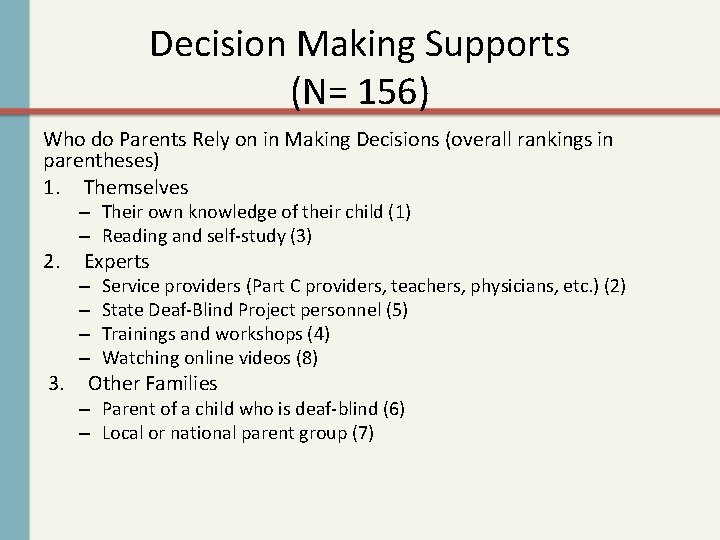 Decision Making Supports (N= 156) Who do Parents Rely on in Making Decisions (overall