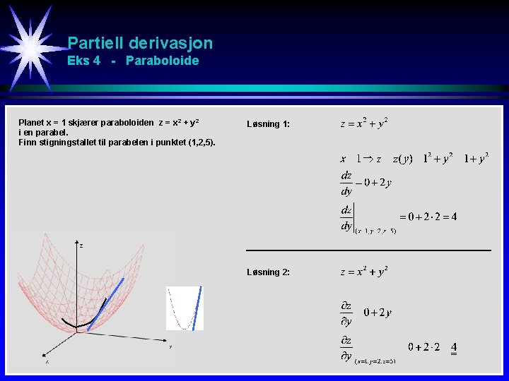 Partiell derivasjon Eks 4 - Paraboloide Planet x = 1 skjærer paraboloiden z = Partiell derivasjon Eks 4 - Paraboloide Planet x = 1 skjærer paraboloiden z =