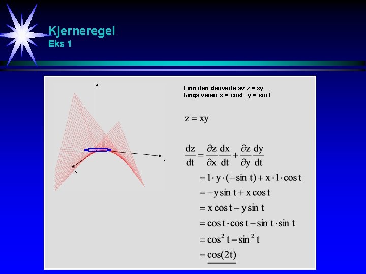 Kjerneregel Eks 1 Finn deriverte av z = xy langs veien x = cost Kjerneregel Eks 1 Finn deriverte av z = xy langs veien x = cost