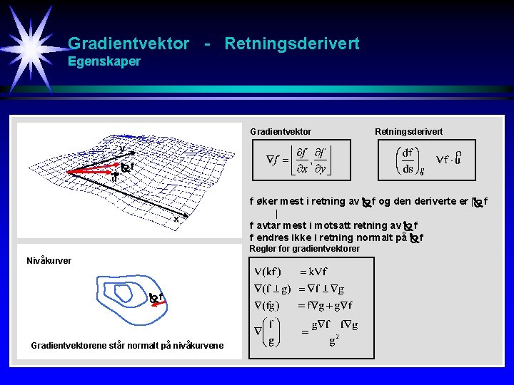 Gradientvektor - Retningsderivert Egenskaper Gradientvektor Retningsderivert y f u x f øker mest i Gradientvektor - Retningsderivert Egenskaper Gradientvektor Retningsderivert y f u x f øker mest i
