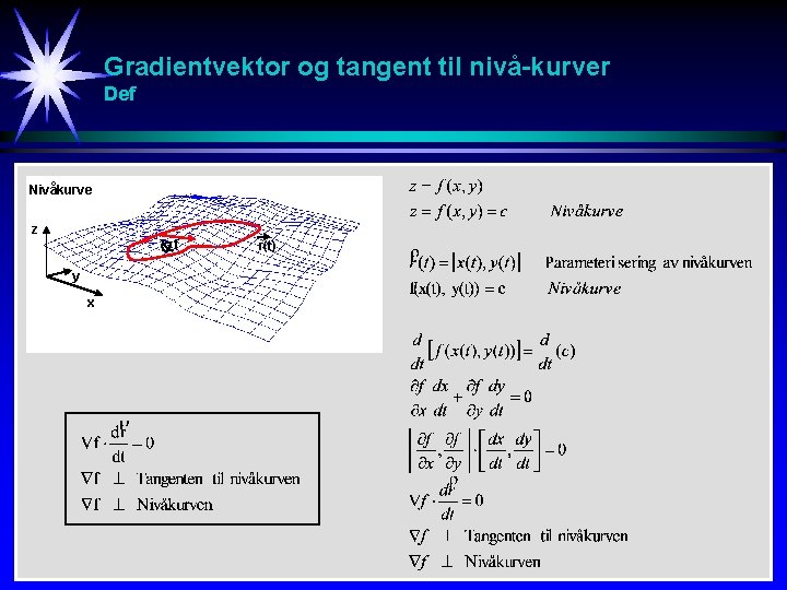 Gradientvektor og tangent til nivå-kurver Def Nivåkurve z f y x r(t) Gradientvektor og tangent til nivå-kurver Def Nivåkurve z f y x r(t)