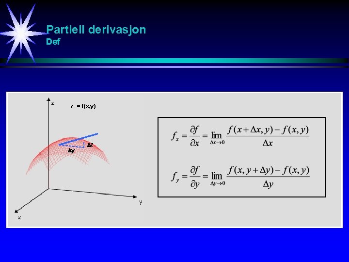 Partiell derivasjon Def z = f(x, y) y z Partiell derivasjon Def z = f(x, y) y z
