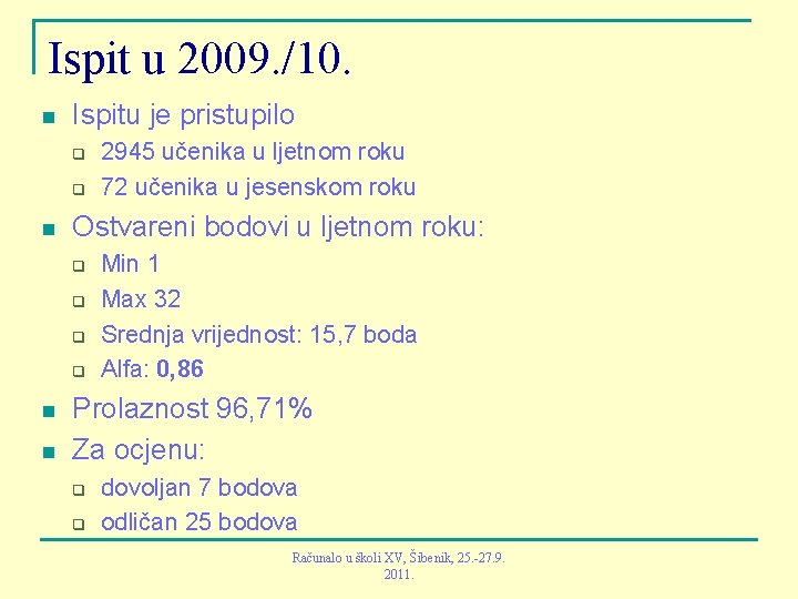 Ispit u 2009. /10. n Ispitu je pristupilo q q n Ostvareni bodovi u