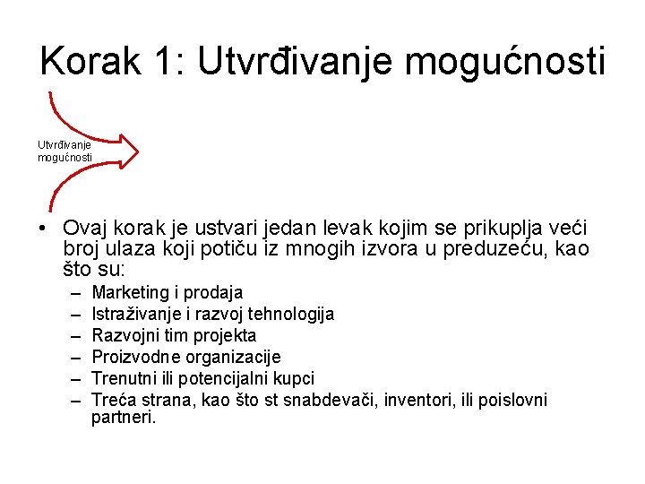 Korak 1: Utvrđivanje mogućnosti • Ovaj korak je ustvari jedan levak kojim se prikuplja