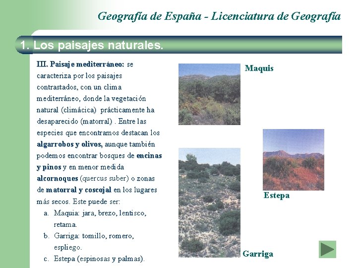 Geografía de España - Licenciatura de Geografía 1. Los paisajes naturales. III. Paisaje mediterráneo: