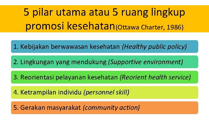 5 pilar utama atau 5 ruang lingkup promosi kesehatan(Ottawa Charter, 1986) 1. Kebijakan berwawasan